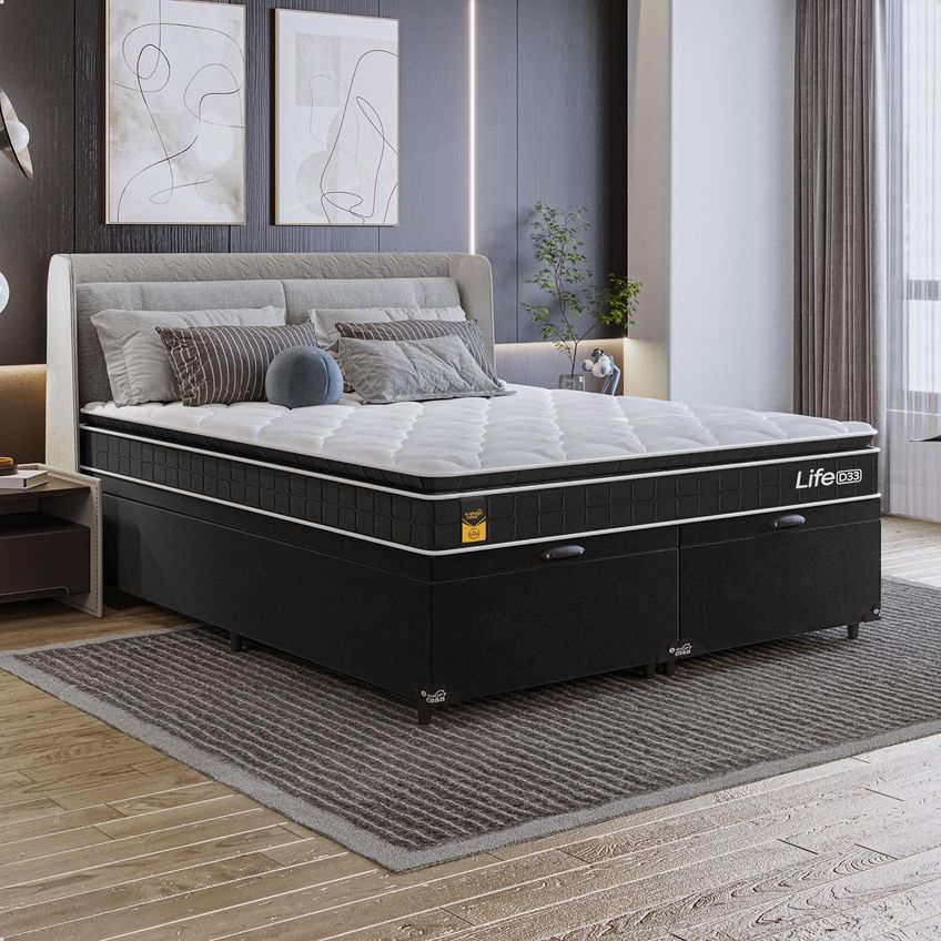 Cama Box Baú Bipartido Queen Colchão Life D33 Pillow Top 61x158x188cm Preto E-shop Casa - imagem 5