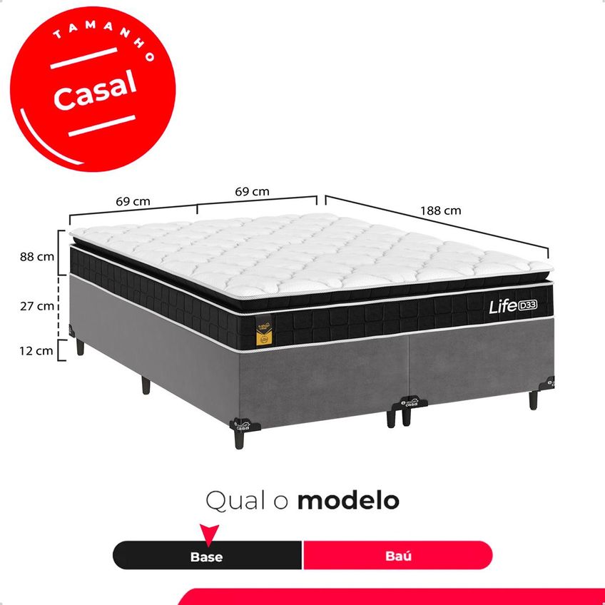 Cama Box Base Casal Bipartido Cinza + Colchão Life D33 Pillow Top Preto - 61x138x188cm - E-shop Casa - imagem 3