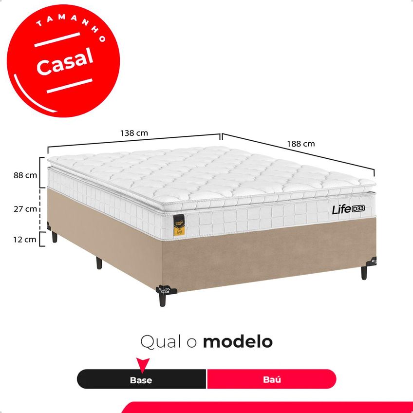 Cama Box Casal Bege + Colchão Life D33 Pillow Top Branco - 61x138x188cm - E-shop Casa - imagem 3