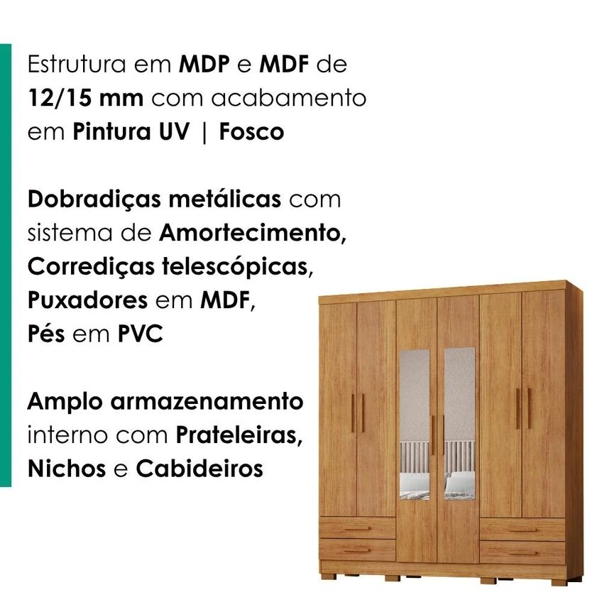 Guarda Roupa Casal 6 Portas Com Espelho 182 Cm Santiago Cedro Rudk - imagem 5