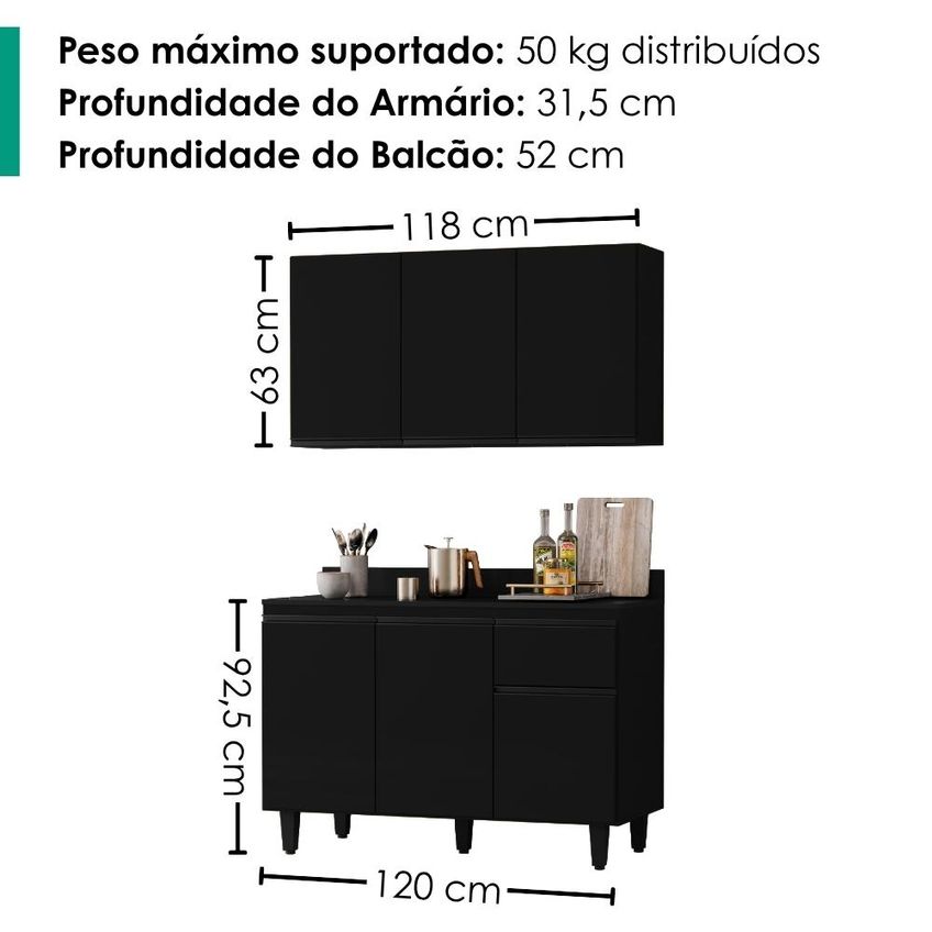 Armário Aéreo Suécia E Balcão Com Tampo 120 Cm Canadá Preto Rudk - imagem 3
