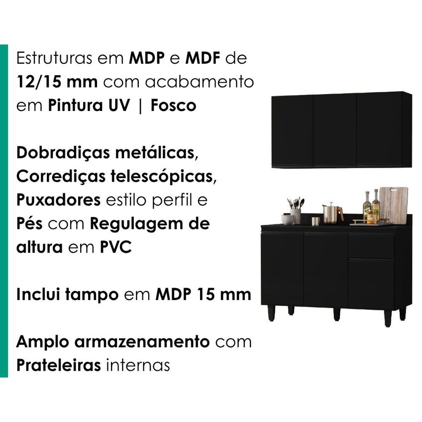 Armário Aéreo Suécia E Balcão Com Tampo 120 Cm Canadá Preto Rudk - imagem 5