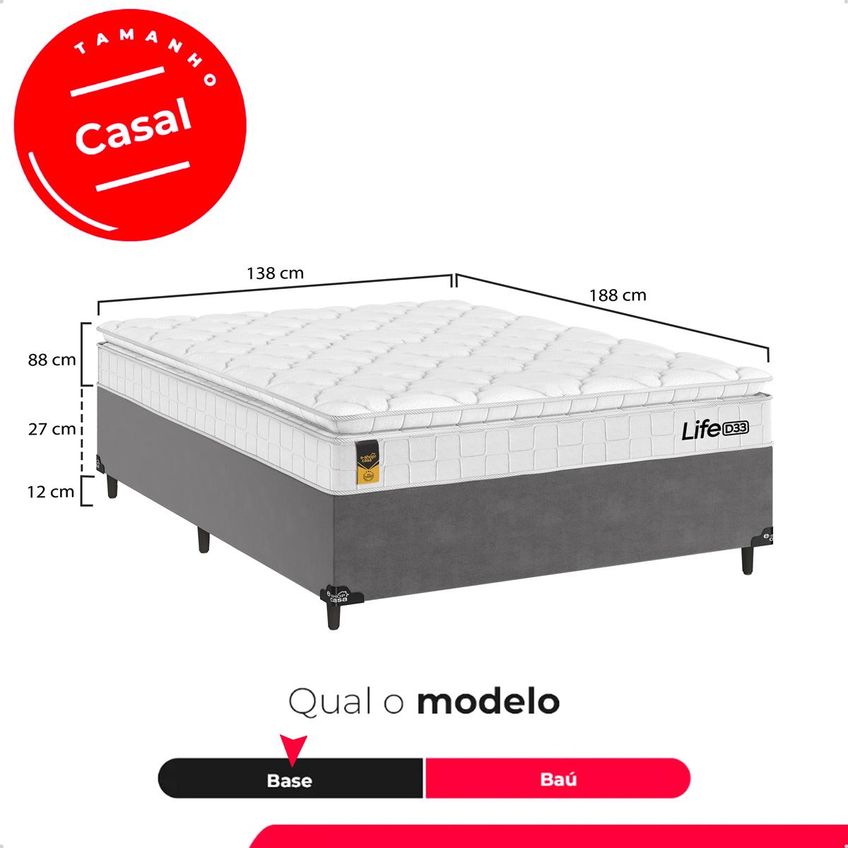 Cama Box Casal Cinza + Colchão Life D33 Pillow Top Branco - 61x138x188cm - E-shop Casa - imagem 3