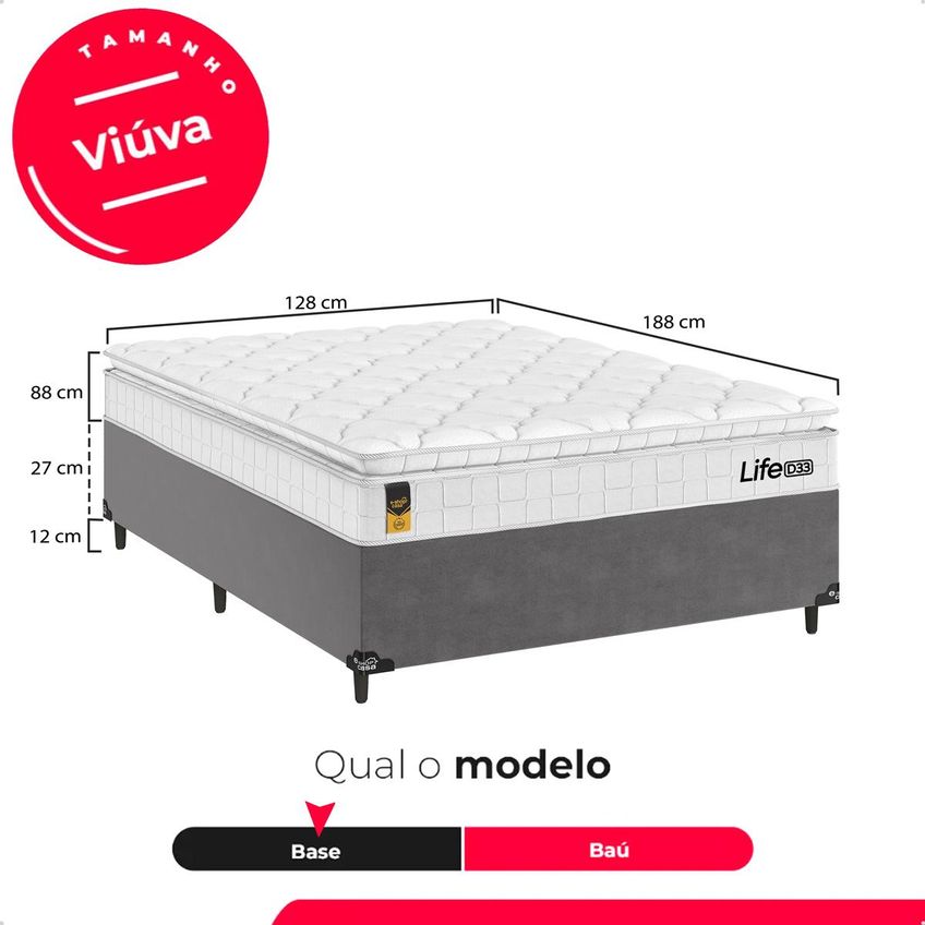 Cama Box Viúva Cinza Colchão Life D33 Pillow Top Branco 61x128x188cm E-shop Casa - imagem 3