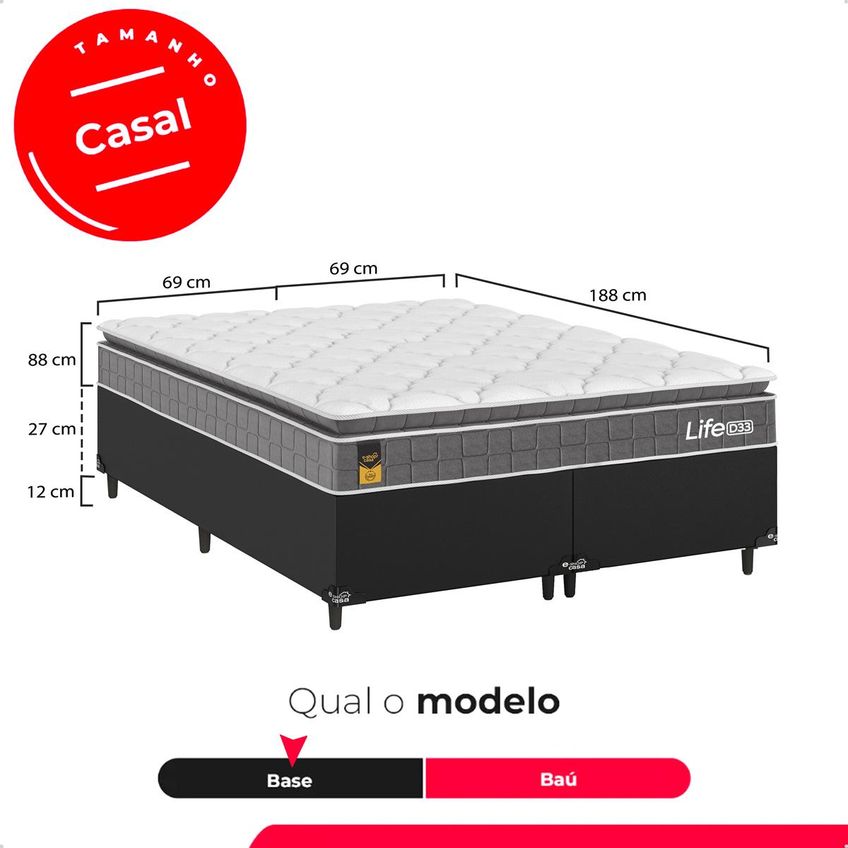 Cama Box Base Casal Bipartido Couro Preto Colchão Life D33 Pillow Top Cinza 61x138x188cm E-shop Casa - imagem 3