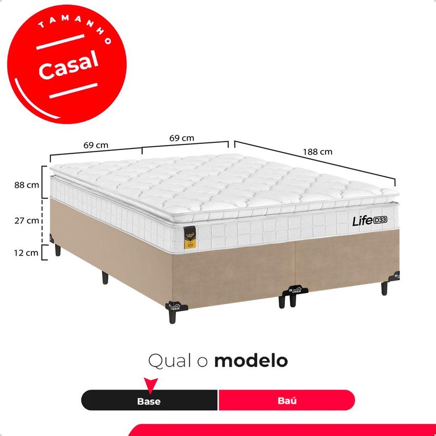 Cama Box Base Casal Bipartido Bege + Colchão Life D33 Pillow Top Branco - 61x138x188cm - E-shop Casa - imagem 3