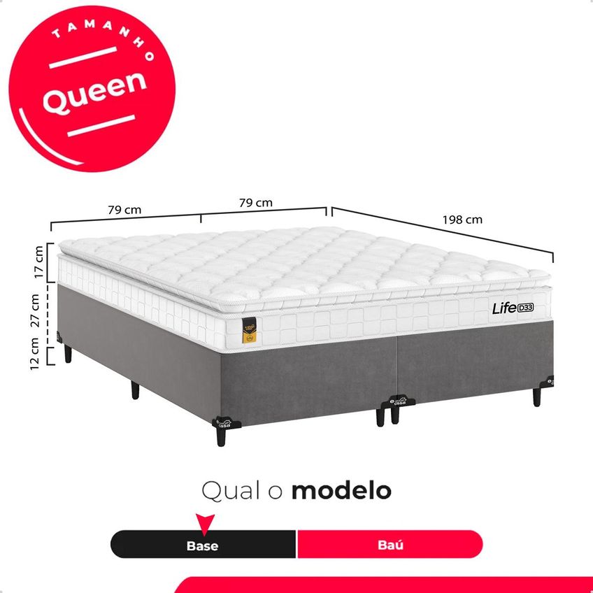 Cama Box Queen Cinza Colchão Life D33 Pillow Top 61x158x188cm Branco E-shop Casa - imagem 3