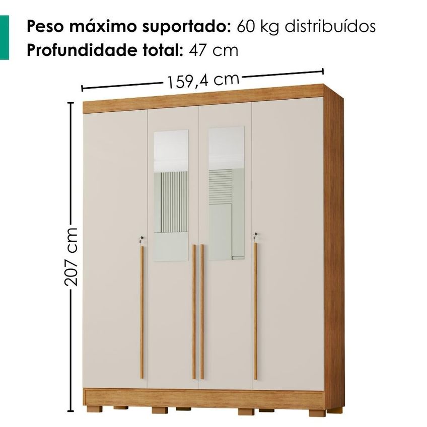 Guarda Roupa Casal 4 Portas Com Espelho 159 Cm Domus Cedro Areia Rudk - imagem 3