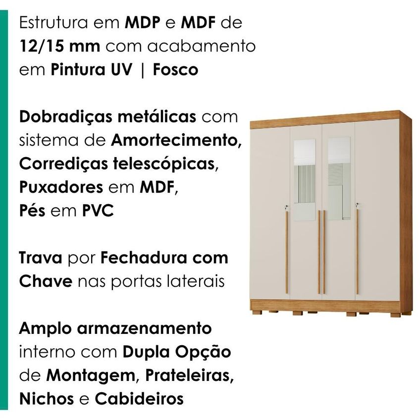 Guarda Roupa Casal 4 Portas Com Espelho 159 Cm Domus Cedro Areia Rudk - imagem 5