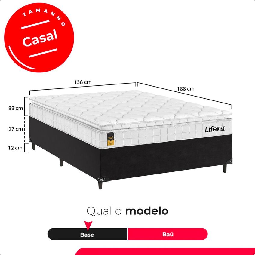 Cama Box Casal Preto Colchão Life D33 Pillow Top Branco 61x138x188cm E Shop Casa - imagem 3