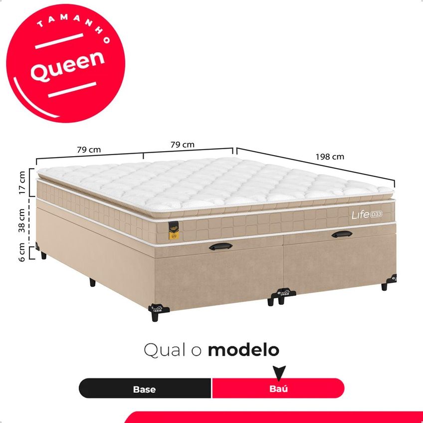 Cama Box Baú Queen Bipartido Colchão Life D33 Pillow Top 61x158x188cm Bege E-shop Casa - imagem 3
