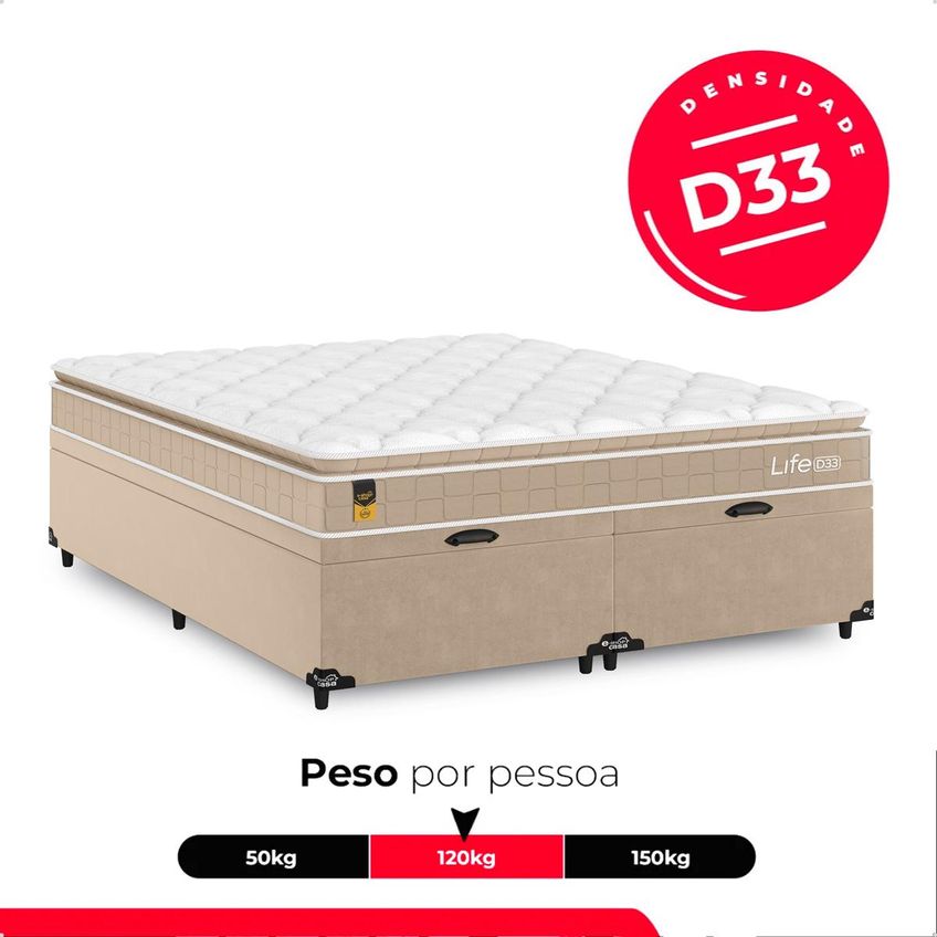 Cama Box Baú Queen Bipartido Colchão Life D33 Pillow Top 61x158x188cm Bege E-shop Casa - imagem 4