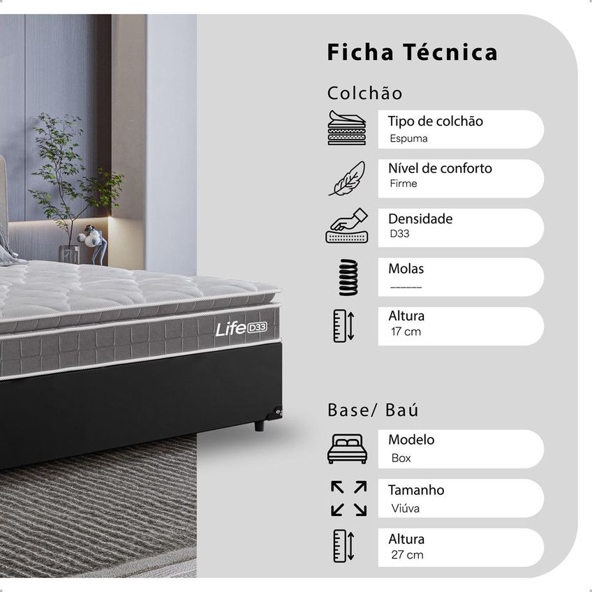 Cama Box Viúva Couro Preto + Colchão Life D33 Pillow Top Cinza 61x128x188cm - E-shop Casa - imagem 2