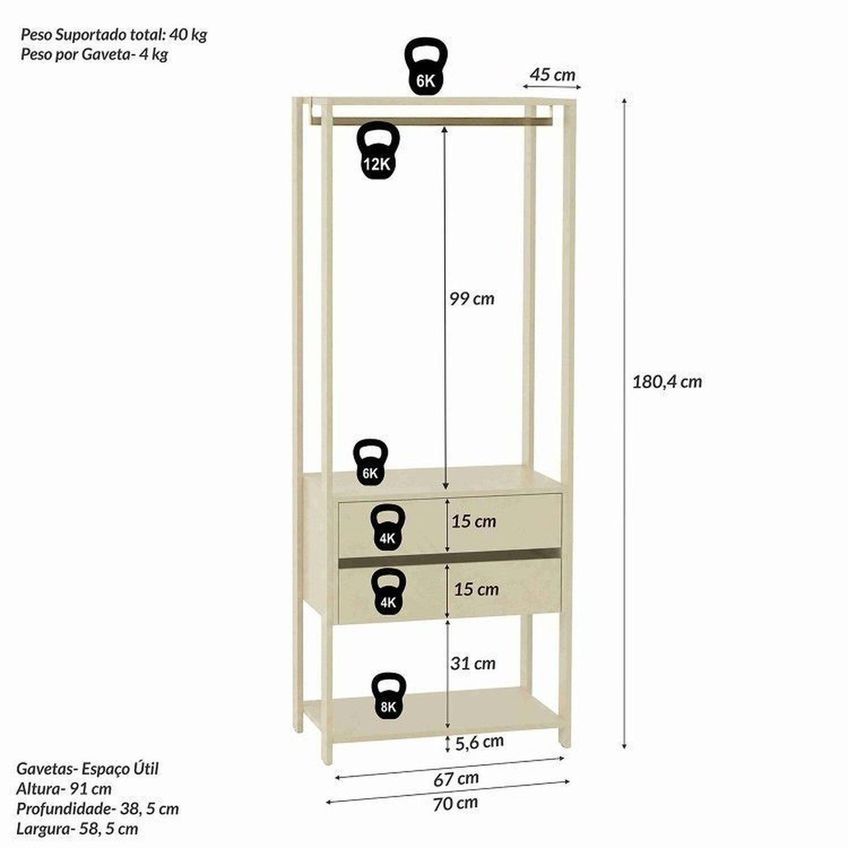 Guarda-roupa Closet Modulado Siena 264cm 4 Gavetas 2 Cabideiros E 12 Prateleiras Yescasa Off White Off White - imagem 4
