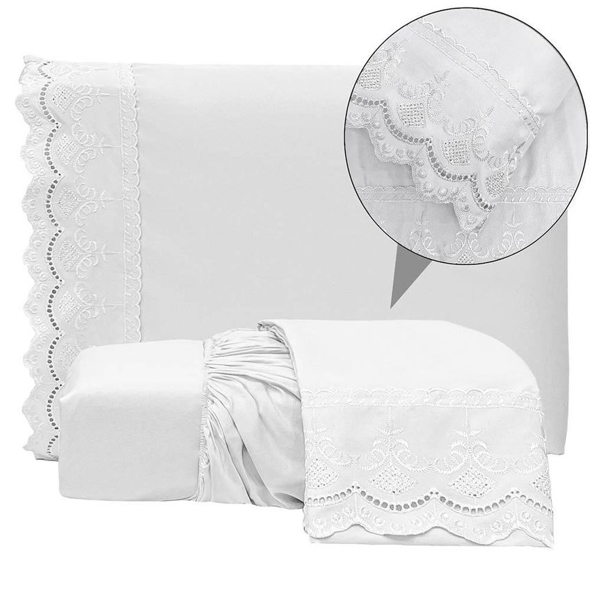 Jogo Cama Lençol Loren King Bordado Inglês Micro Percal 300 Fios 3 Peças Branco - imagem 3