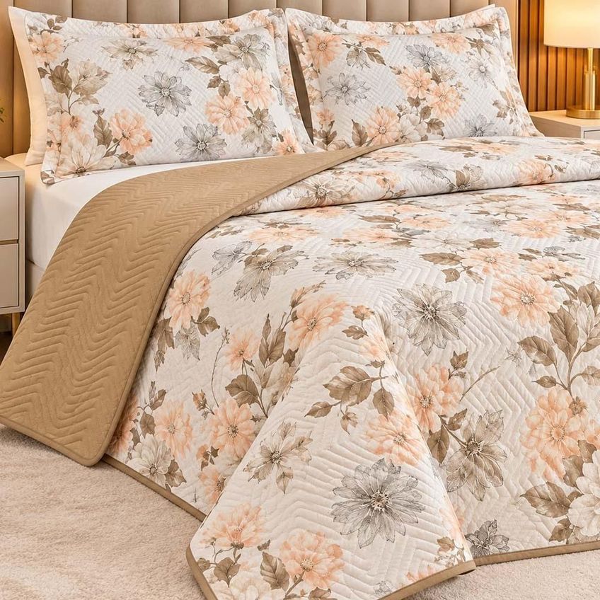 Kit Cobre Leito Floratta Casal Percal 150 Fios Dupla Face Estampado Colcha 3 Peças Floral Bege - imagem 2