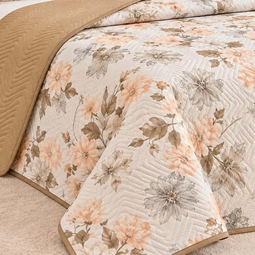Kit Cobre Leito Floratta Casal Percal 150 Fios Dupla Face Estampado Colcha 3 Peças Floral Bege - imagem 4
