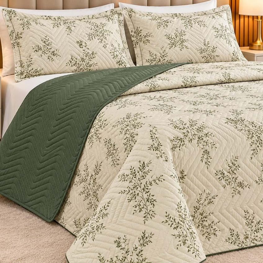 Kit Cobre Leito Floratta Queen Percal 150 Fios Dupla Face Estampado Colcha 3 Peças Floral Verde - imagem 2