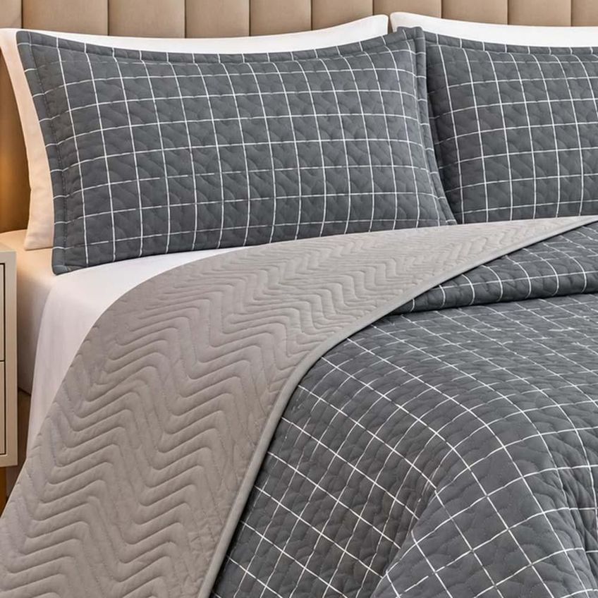 Kit Cobre Leito Floratta Queen Percal 150 Fios Dupla Face Estampado Colcha 3 Peças Listra Cinza - imagem 3