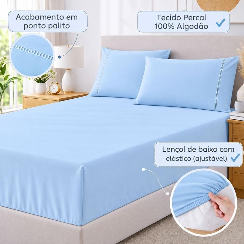 Jogo De Cama Lençol King Pluma Percal 180 Fios 3 Peças 100% Algodão - Azul Claro - imagem 2