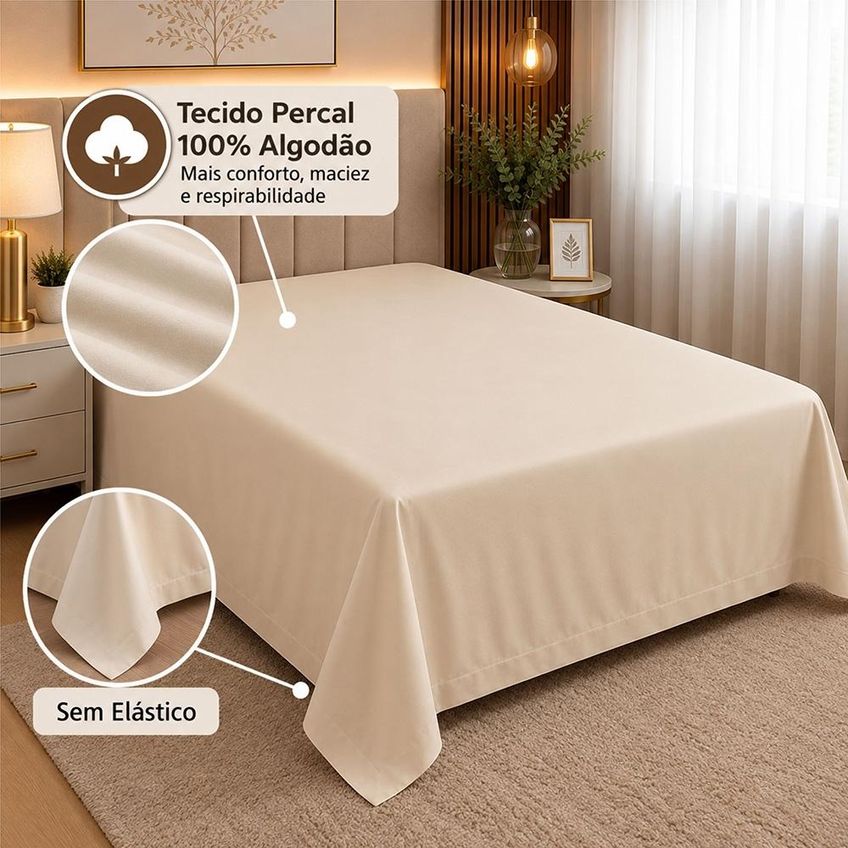 Lençol King Pluma Percal 180 Fios Sem Elástico 100% Algodão - Palha - imagem 2