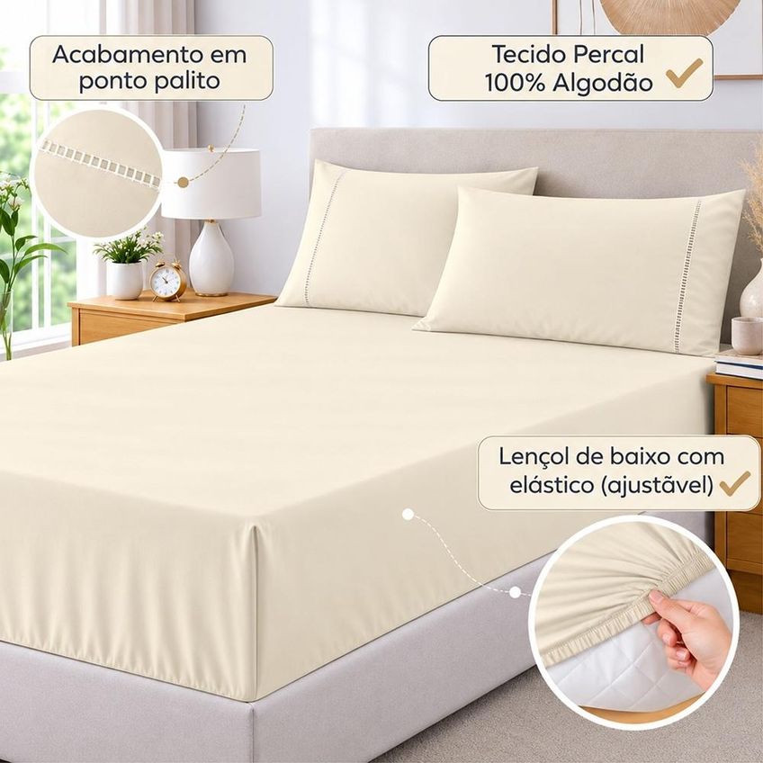 Jogo De Cama Lençol Casal Pluma Percal 180 Fios 3 Peças 100% Algodão - Palha - imagem 2