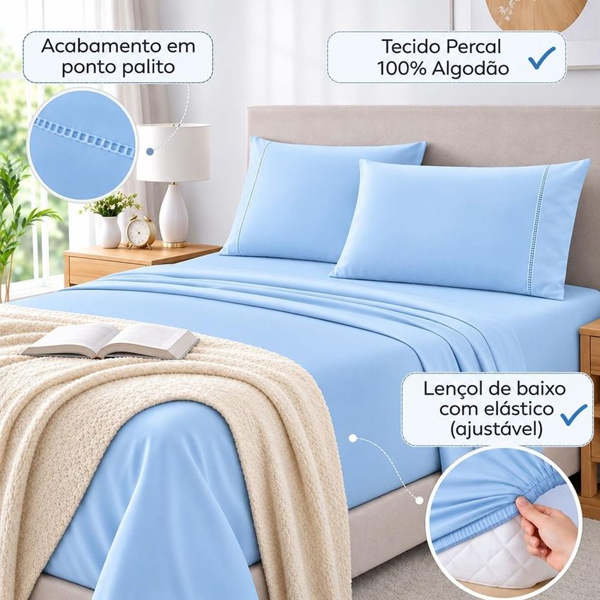 Jogo De Cama Lençol Queen Pluma Percal 180 Fios 4 Peças 100% Algodão - Azul Claro - imagem 2