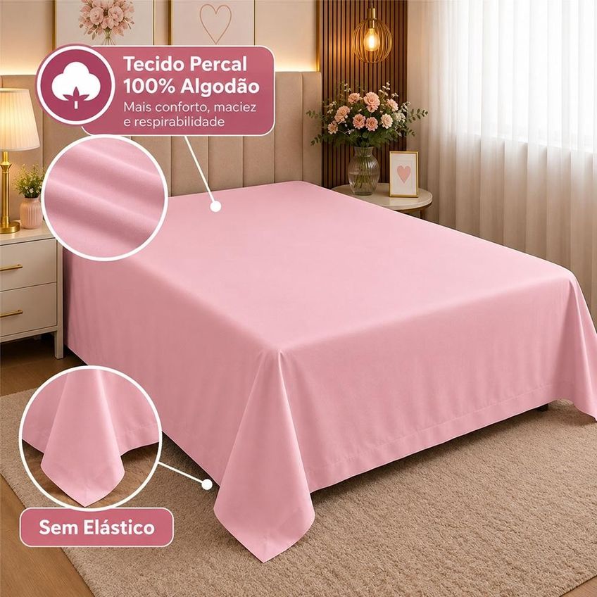 Lençol Queen Pluma Percal 180 Fios Sem Elástico 100% Algodão - Rosa - imagem 2