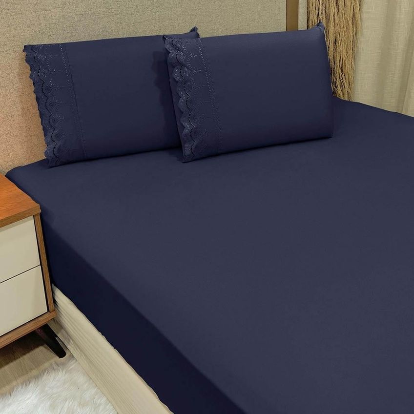 Jogo Cama Lençol Loren King Bordado Inglês Micro Percal 300 Fios 3 Peças Azul Marinho - imagem 2