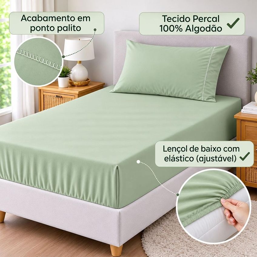 Jogo De Cama Lençol Solteiro Pluma Percal 180 Fios 2 Peças 100% Algodão - Verde Claro - imagem 2