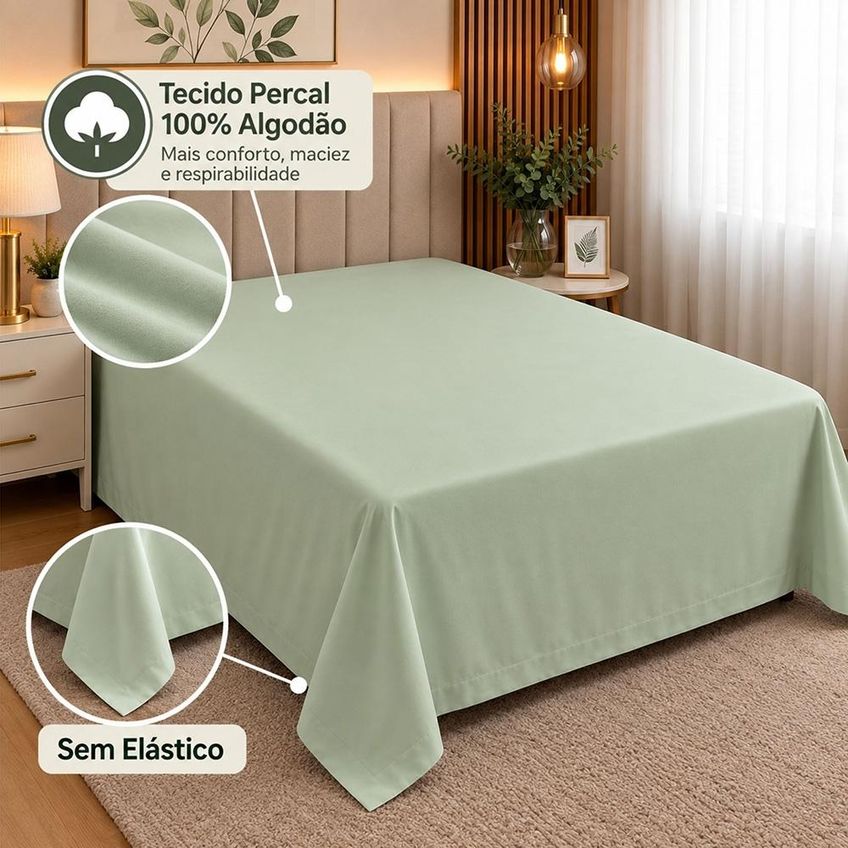 Lençol Solteiro Pluma Percal 180 Fios Sem Elástico 100% Algodão - Verde - imagem 2