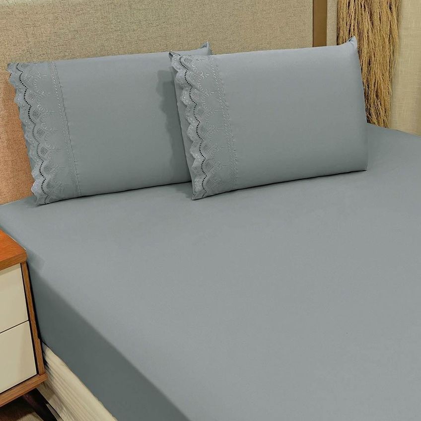 Jogo Cama Lençol Queen Bordado Inglês Micro Percal 300 Fios 3 Peças Cinza - imagem 2