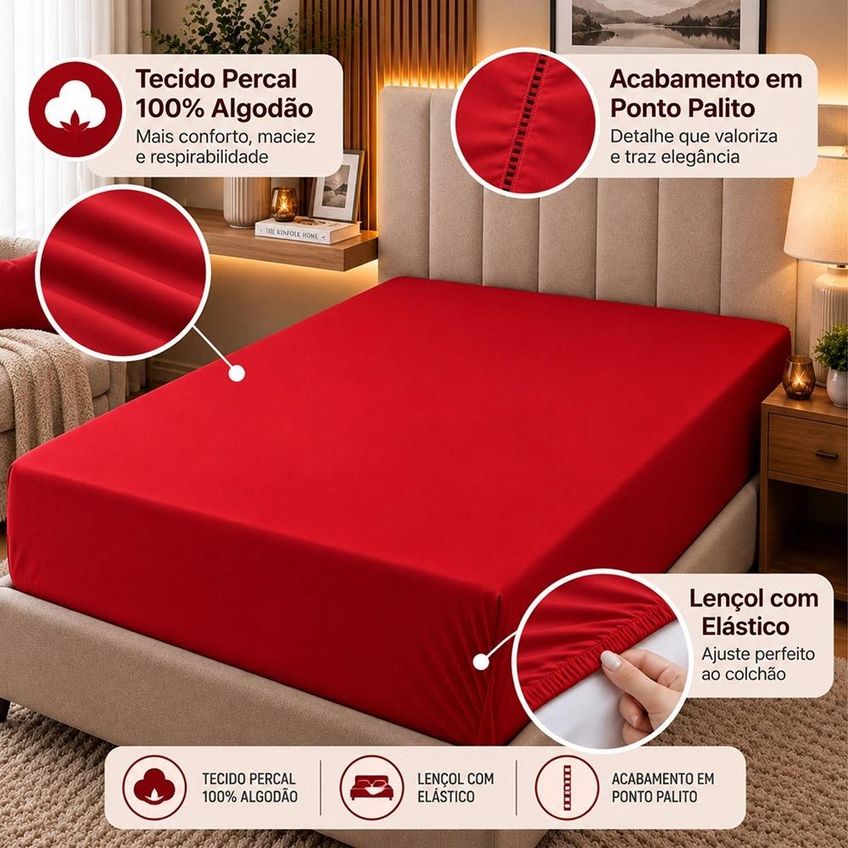 Lençol Casal Pluma Percal 180 Fios Com Elástico 100% Algodão - Vermelho - imagem 2