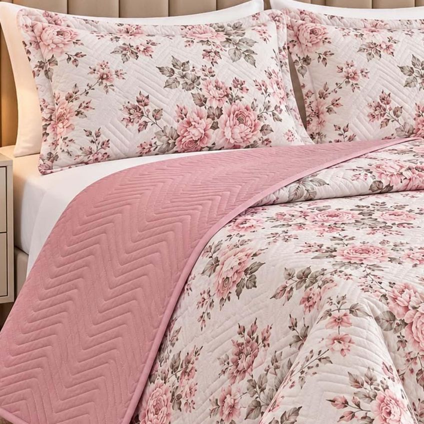 Kit Cobre Leito Floratta Casal Percal 150 Fios Dupla Face Estampado Colcha 3 Peças Floral Rosê - imagem 3