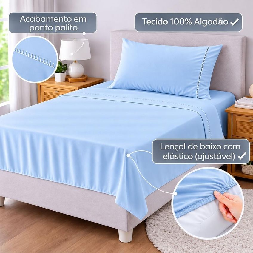 Jogo De Cama Lençol Solteiro Pluma Percal 180 Fios 3 Peças 100% Algodão - Azul Claro - imagem 2