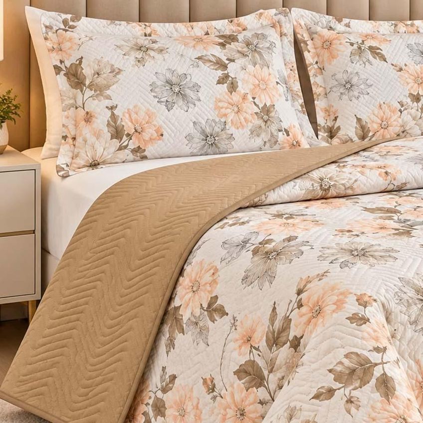 Kit Cobre Leito Floratta Queen Percal 150 Fios Dupla Face Estampado Colcha 3 Peças Floral Bege - imagem 3