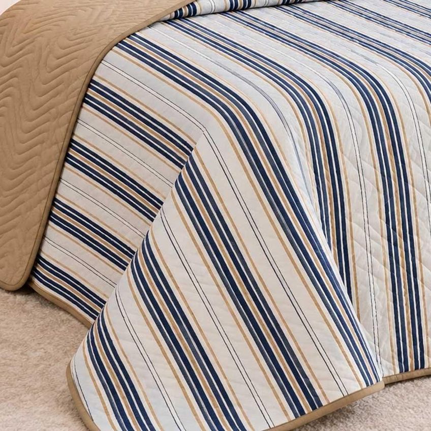 Kit Cobre Leito Floratta Queen Percal 150 Fios Dupla Face Estampado Colcha 3 Peças Listra Azul - imagem 4