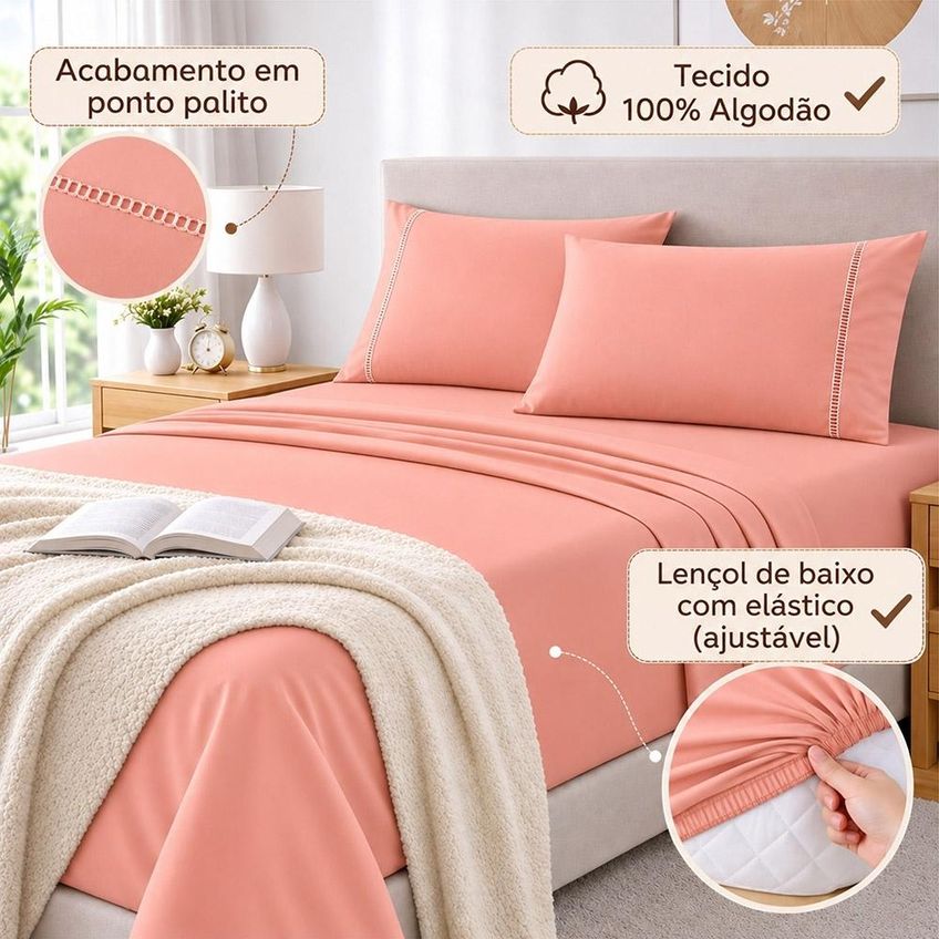 Jogo De Cama Lençol Queen Pluma Percal 180 Fios 4 Peças 100% Algodão - Salmão - imagem 2