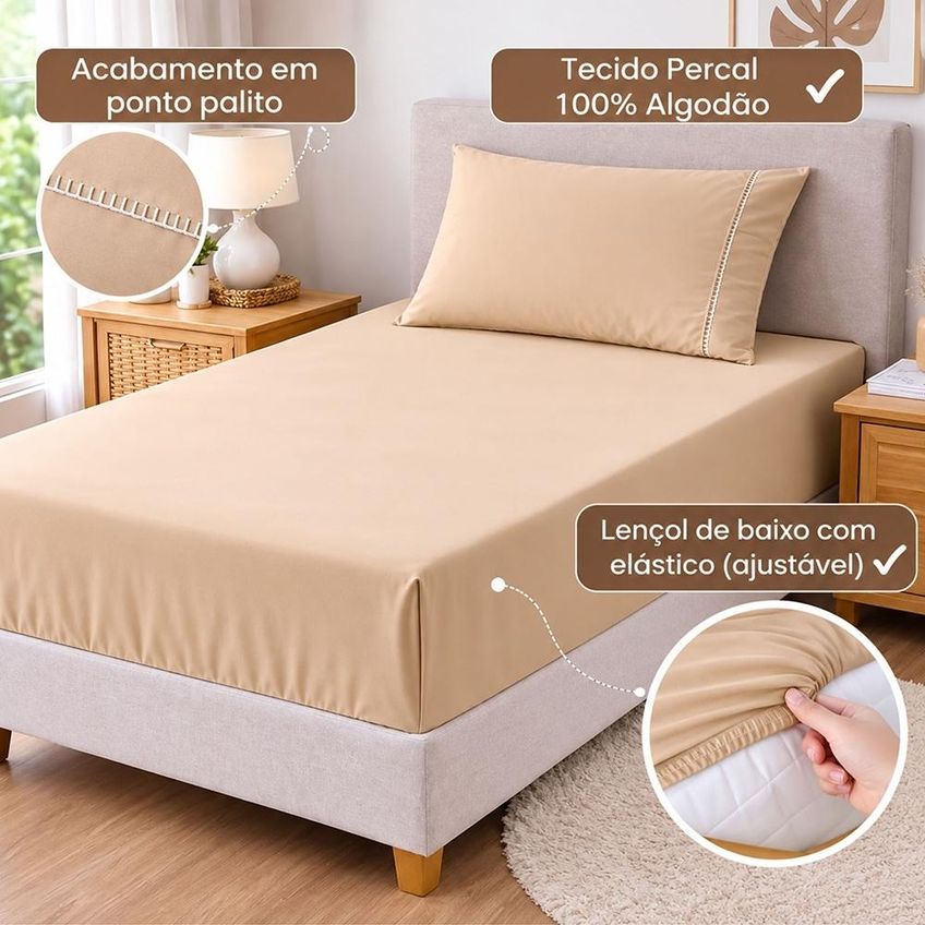 Jogo De Cama Lençol Solteiro Pluma Percal 180 Fios 2 Peças 100% Algodão - Avelã - imagem 2