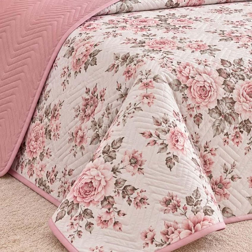 Kit Cobre Leito Floratta King Percal 150 Fios Dupla Face Estampado Colcha 3 Peças Floral Rosê - imagem 4