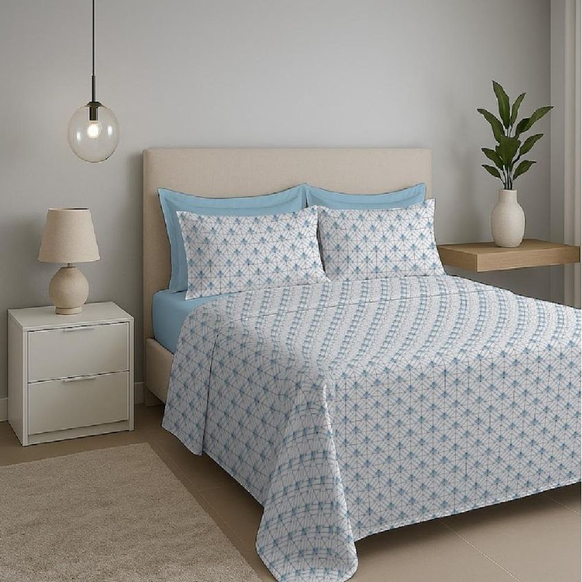 Jogo Cama Queen 4pc Algodão 130 Fios Azul 7826 Estamparia - imagem 4