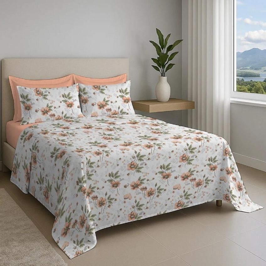Jogo Cama Queen 4pc Alg.150f Flores Salmão 7812 Estamparia - imagem 4