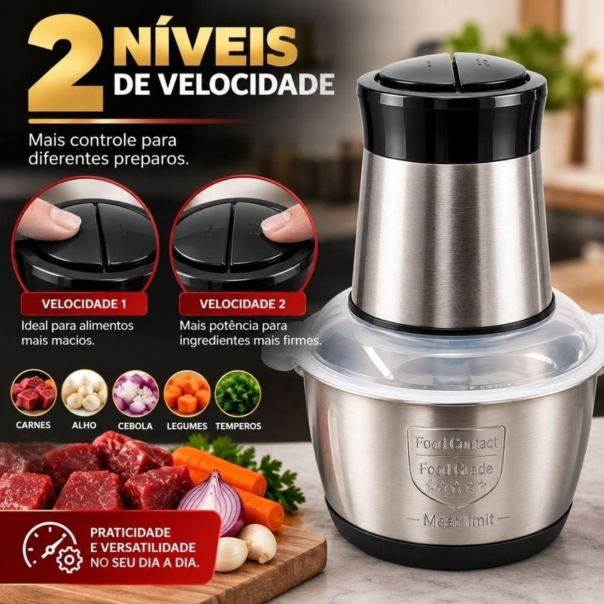 Processador de Alimentos Elétrico 2L 1200W 110V/127V com 4 Lâminas em Aço Inox Triturador de Carne Legumes Alho - imagem 4