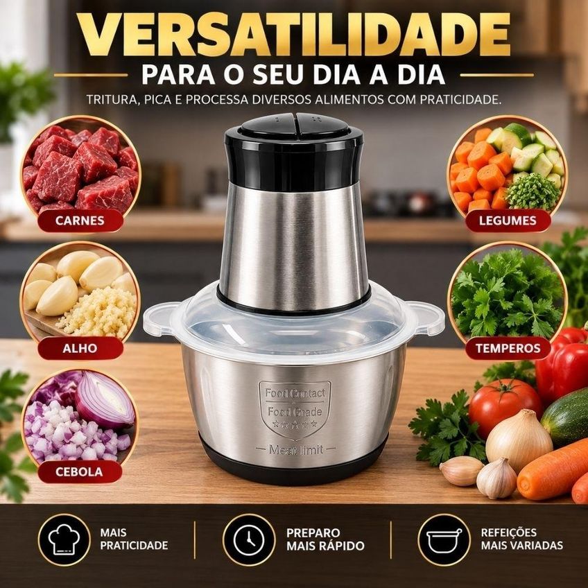 Processador de Alimentos Elétrico 2L 1200W 110V/127V com 4 Lâminas em Aço Inox Triturador de Carne Legumes Alho - imagem 5