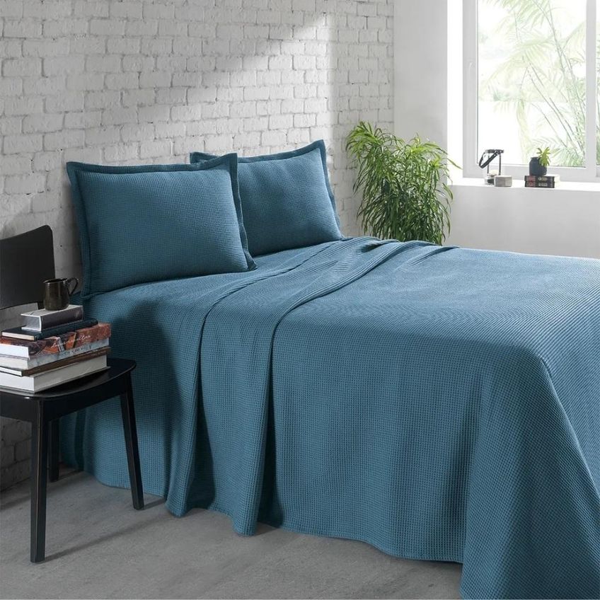 Colcha King 3 Peças Algodão Piquet Favo Azul 12673 Dohler - imagem 3