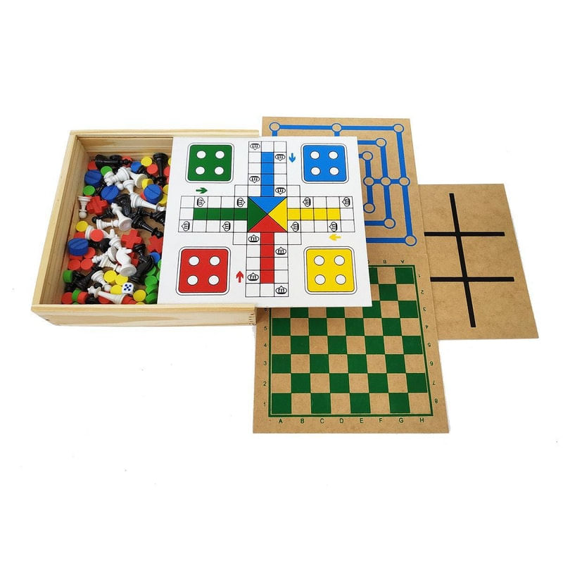 Kit 5 Jogos ( Dama E Trilha + Xadrez + Ludo + Cubo + Domino)