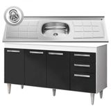 Balcão Gabinete Lis e Pia Inox 150cm Branco e Preto