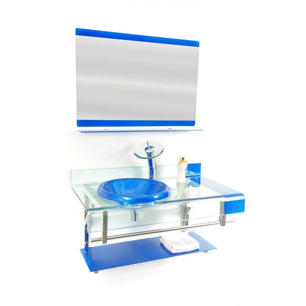 Gabinete de Vidro 90cm Curvado Duplo Inox e Cuba Chapéu Azul