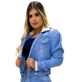 Jaqueta Jeans Feminina Pelinho Clara Ombro Princesa