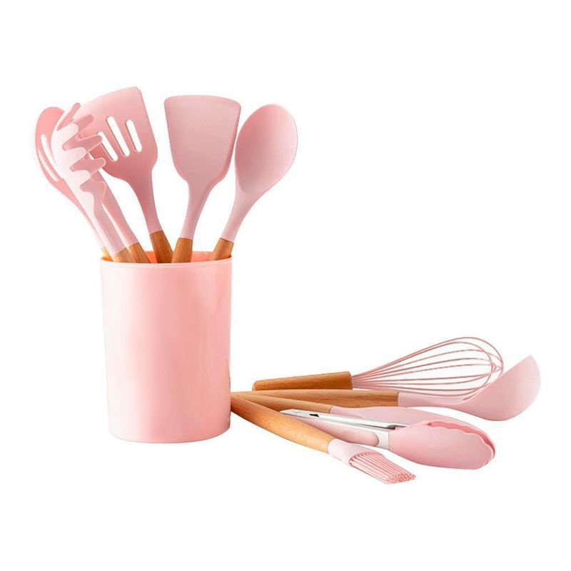 Utensílios Cozinha Silicone Madeira 12 Peças Até 230º Rosa